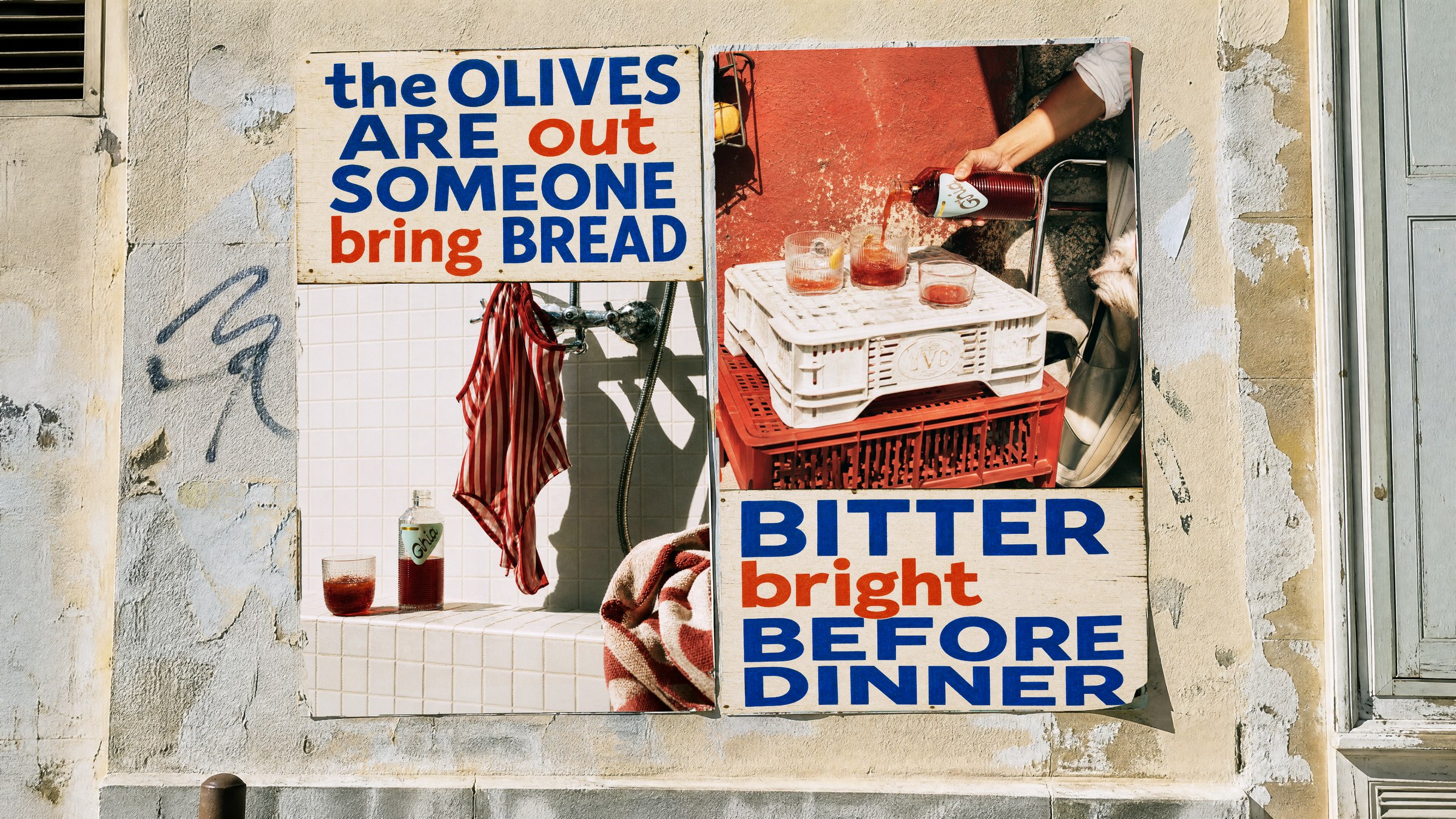 Ghia poster campaign mockup on a sunlit wall