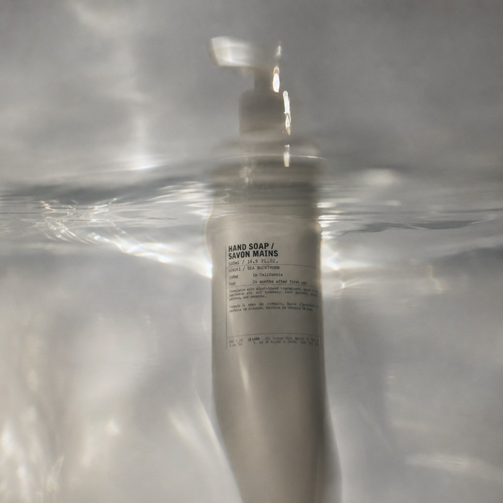 Le Labo soap bottle through water refraction