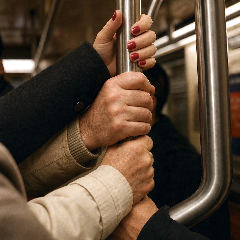 Hands holding a subway pole