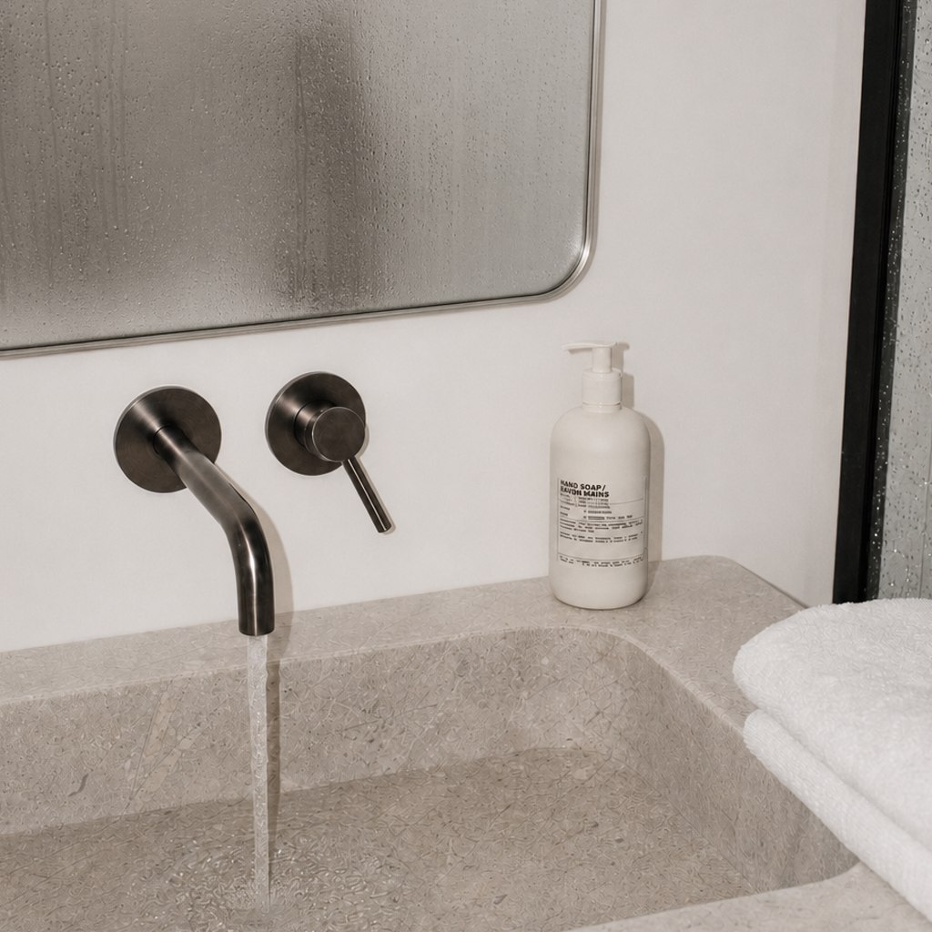 Le Labo soap beside a stone sink