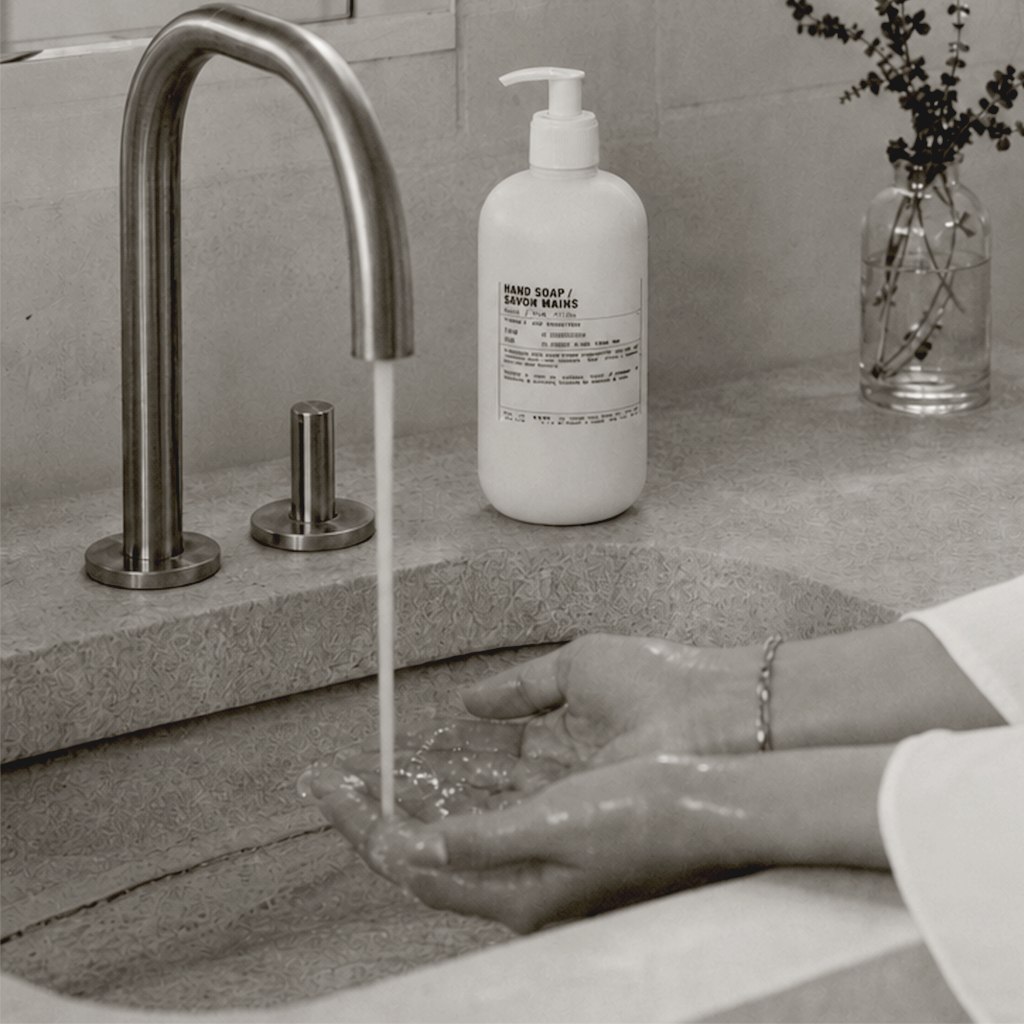Hands under running water with Le Labo soap