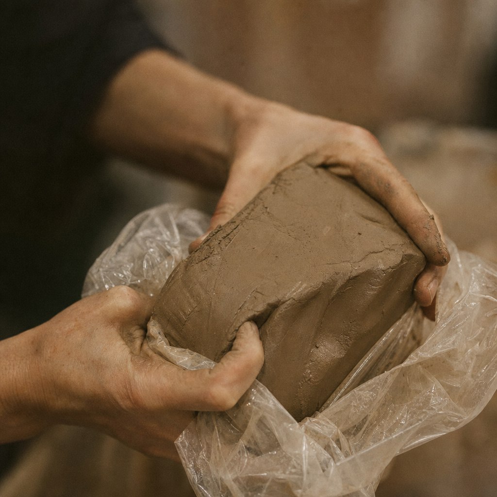 Hands compressing wet clay