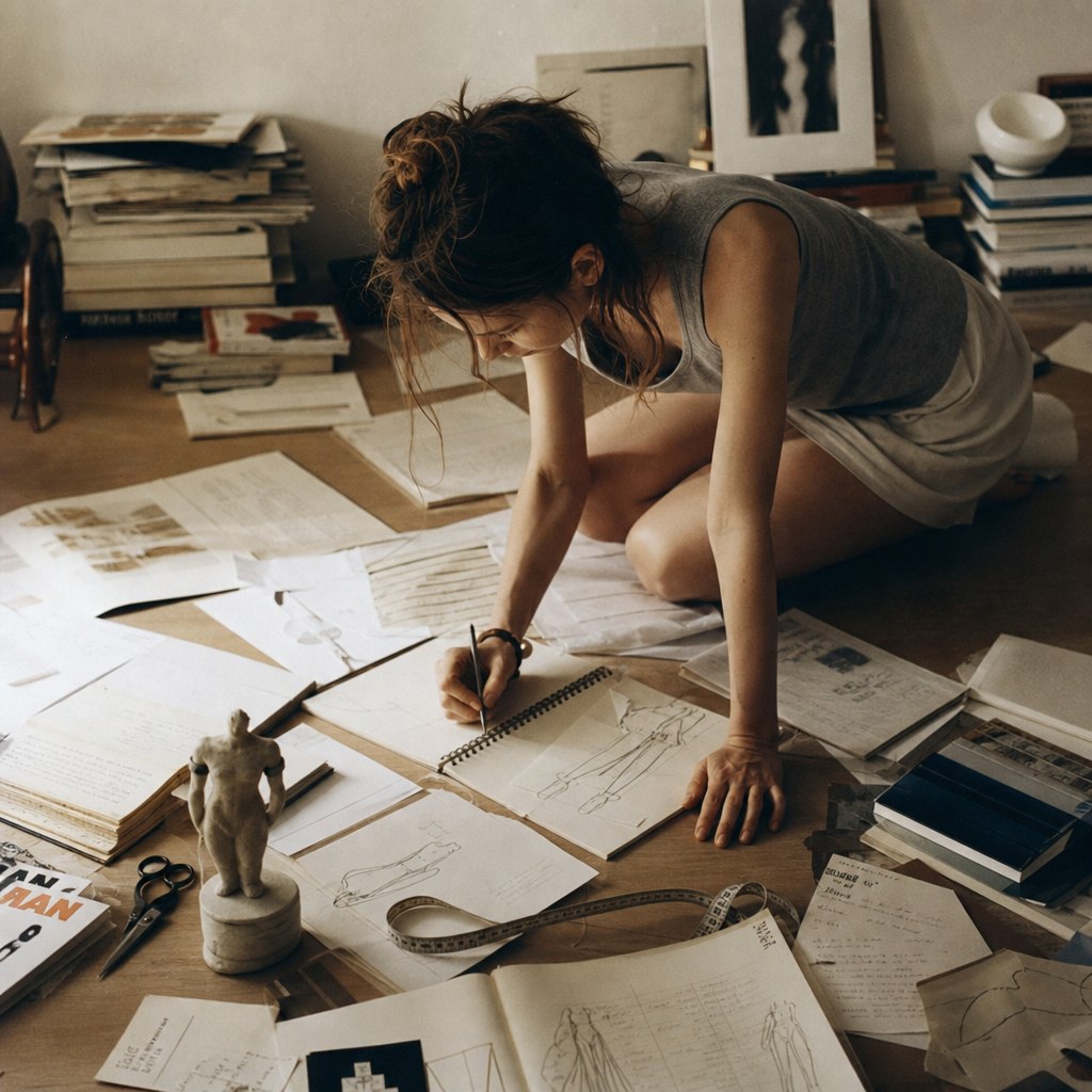 Person sketching on a studio floor