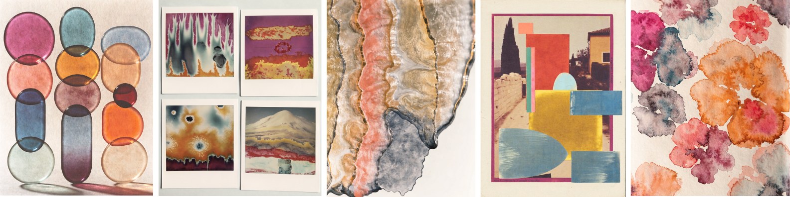 Five frames of material and color studies: layered watercolor discs, desert postcards, marbled mineral texture, cut-paper collage, and pressed florals