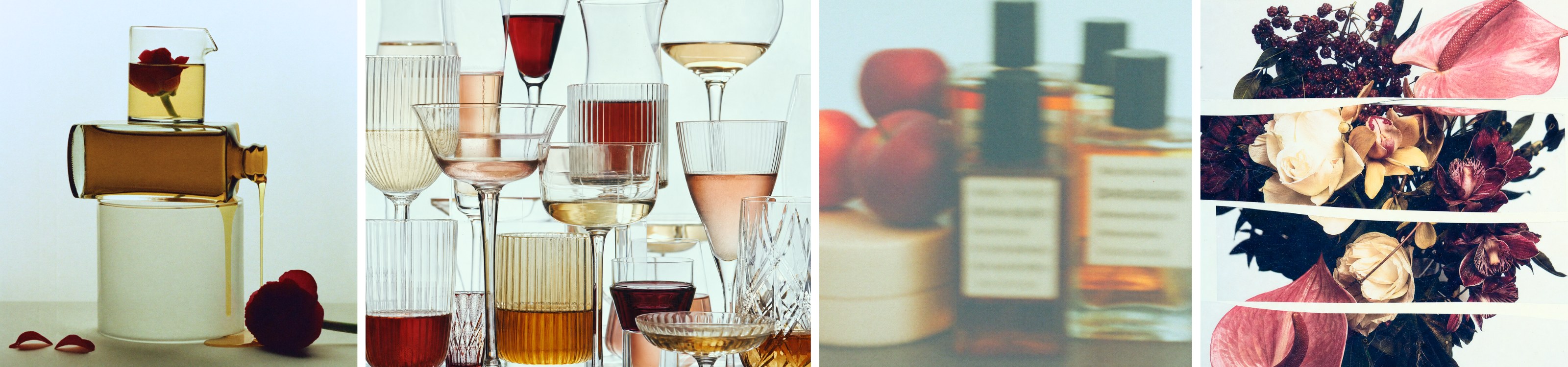 Four still life images: amber glass vessels with rose petals, layered glassware with aperitifs, fragrance bottles with fruit, and a collaged floral arrangement